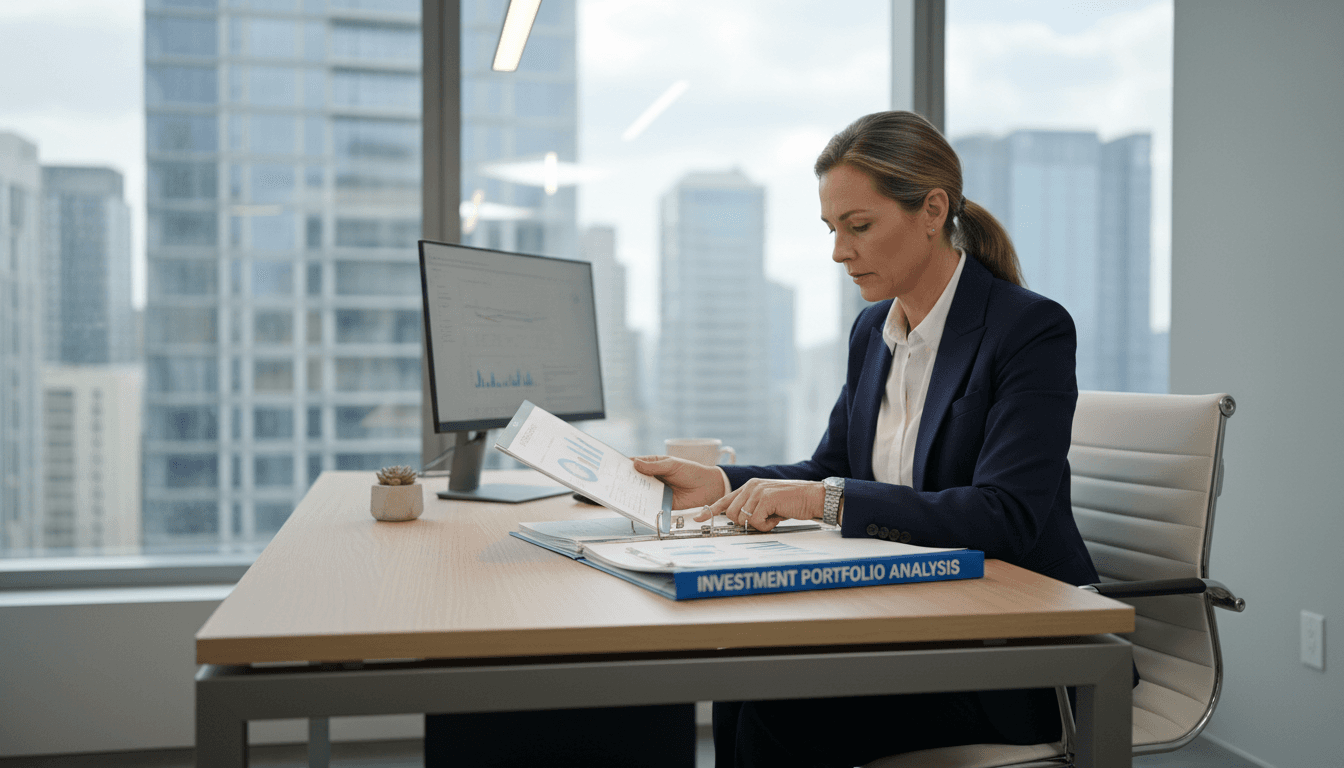 Professional advisor reviewing financial documents at a modern office desk