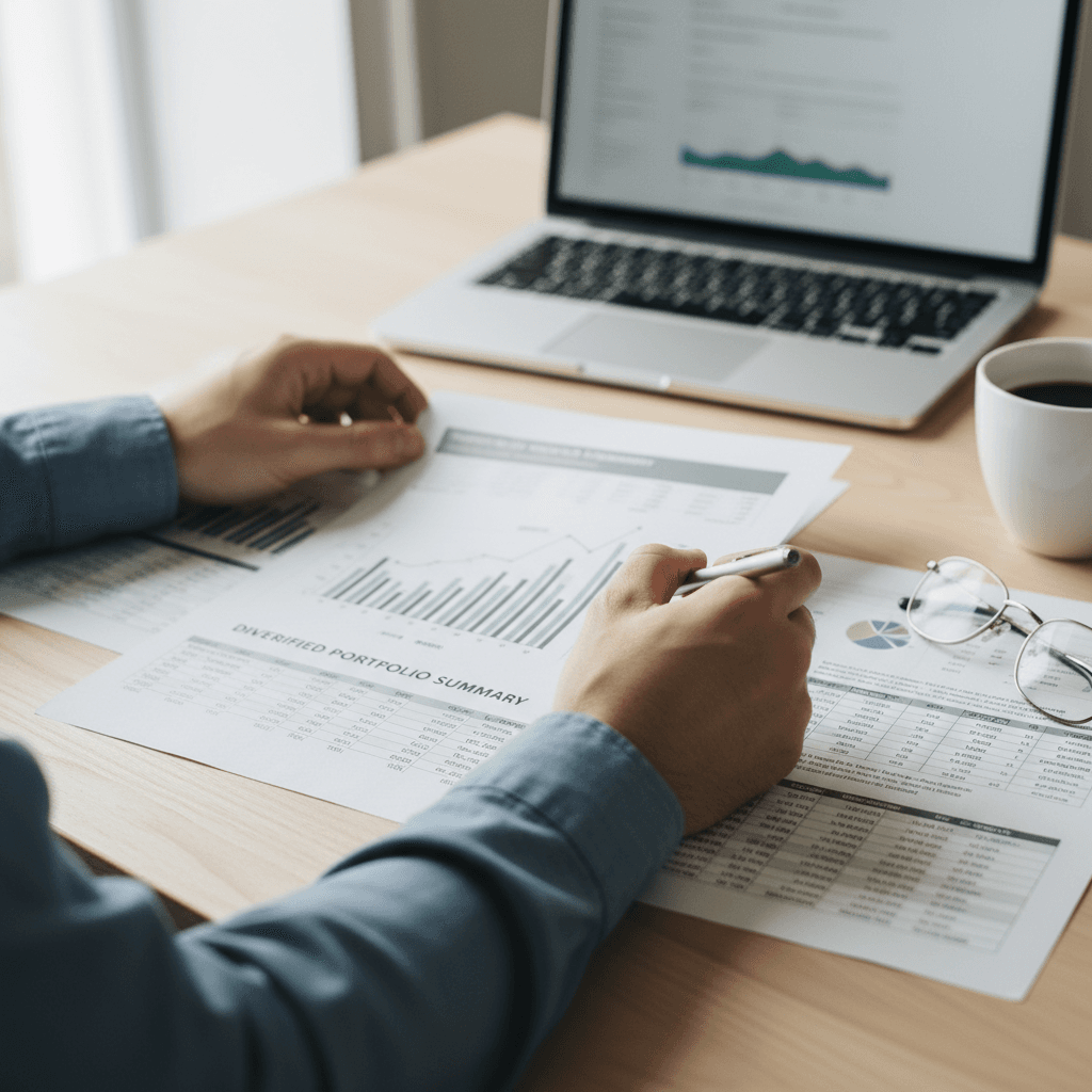 Professional advisor reviewing franchise documents at modern desk with laptop and charts