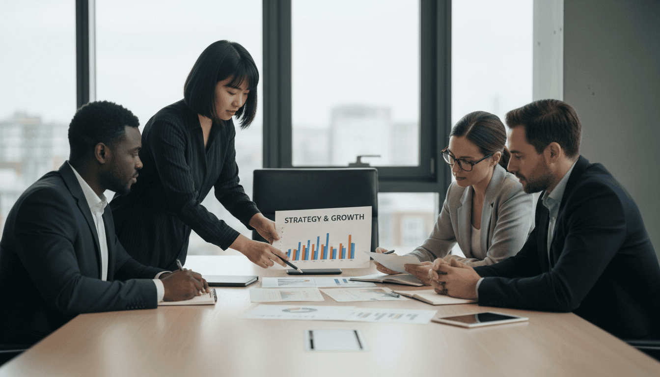 Professional team reviewing roadmap and strategy documents in modern meeting room