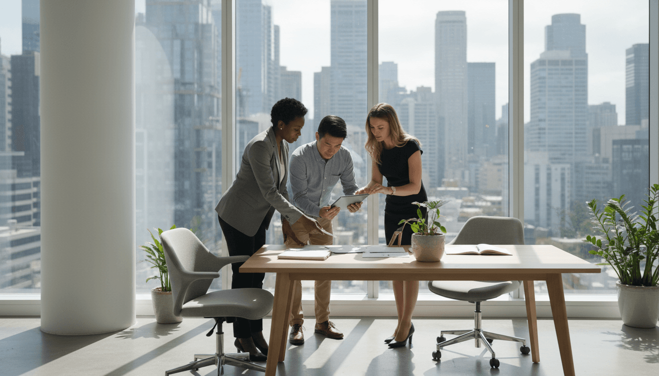 Business consultants in professional meeting reviewing documents in modern office